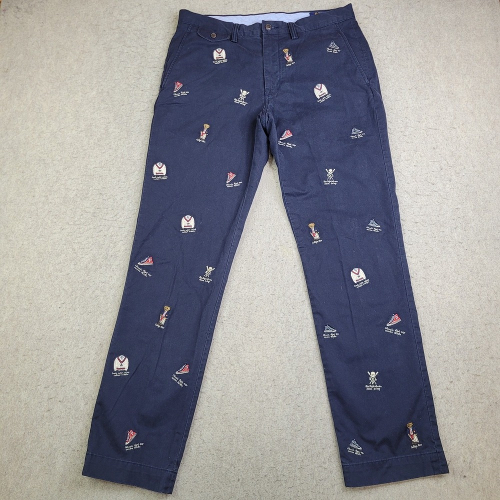 Polo Ralph Lauren College Bear Skull Crossbones Chino Pants Mens 32x32 Navy Blue